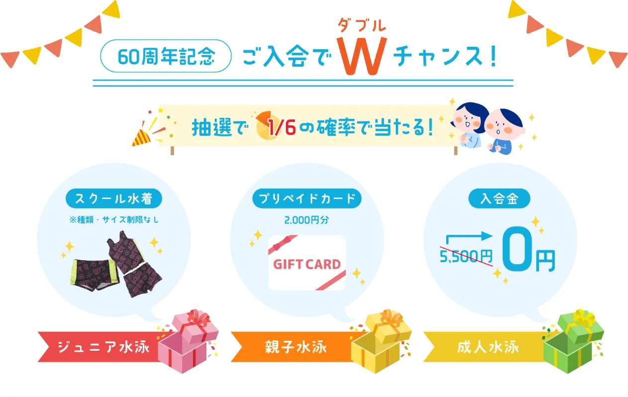 60周年記念 ご入会でダブルチャンス！ジュニア水泳／スクール水着（種類・サイズ制限なし）・親子水泳／プリペイドカード2000円分・成人水泳／入会金0円